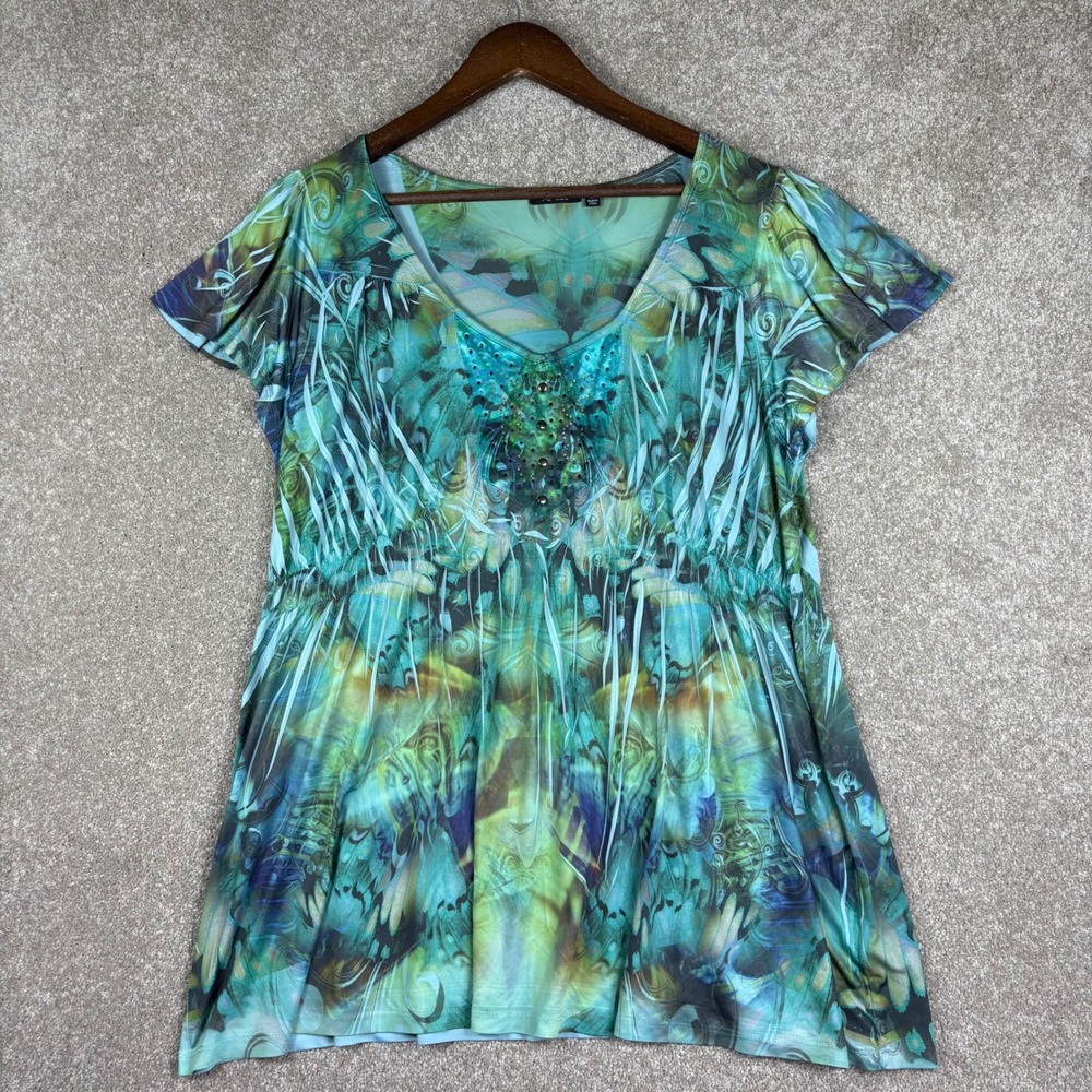 Apt. 9 Women 2X Teal Green Butterfly Print Beaded Empire Waist Tunic Top